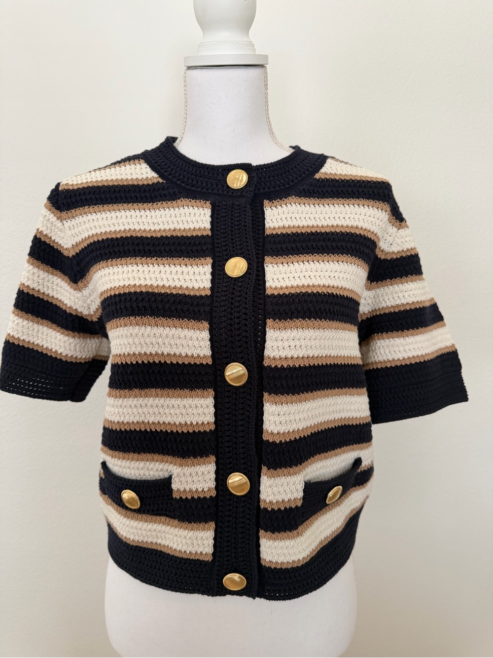 Ann Taylor Navy, Cream & Brown Striped Knit Cardigan with Gold Buttons